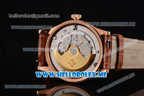 Patek Philippe Calatrava Miyota 9015 Automatic Rose Gold Case with White Dial Brown Leather Strap and Roman Numeral Markers - Click Image to Close